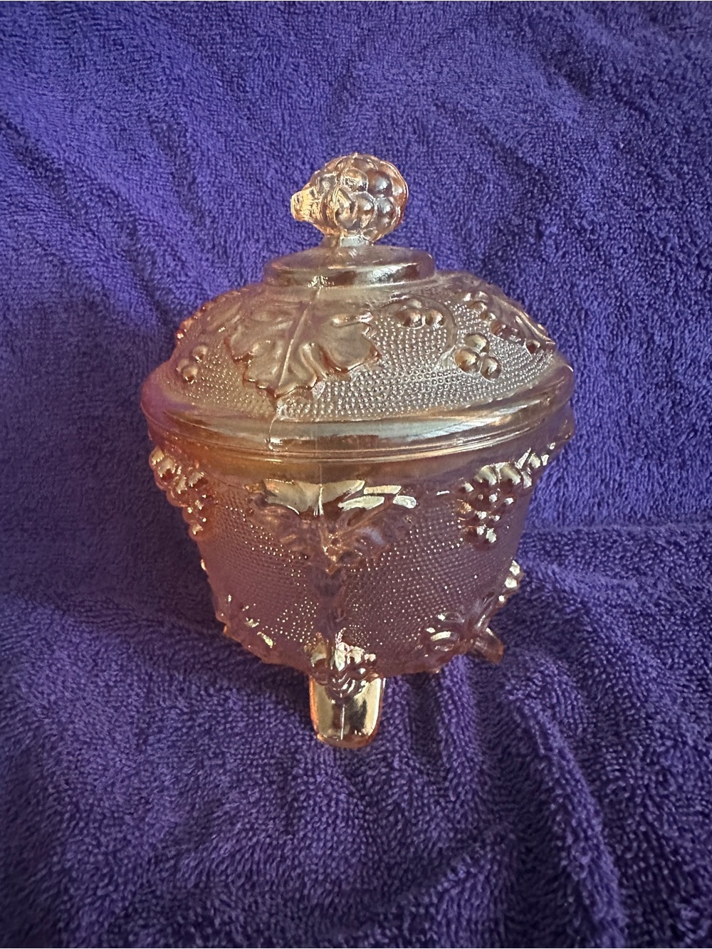 Jeanette Depression Carnival Glass  Harvest Grape Footed Candy Dish with Lid
